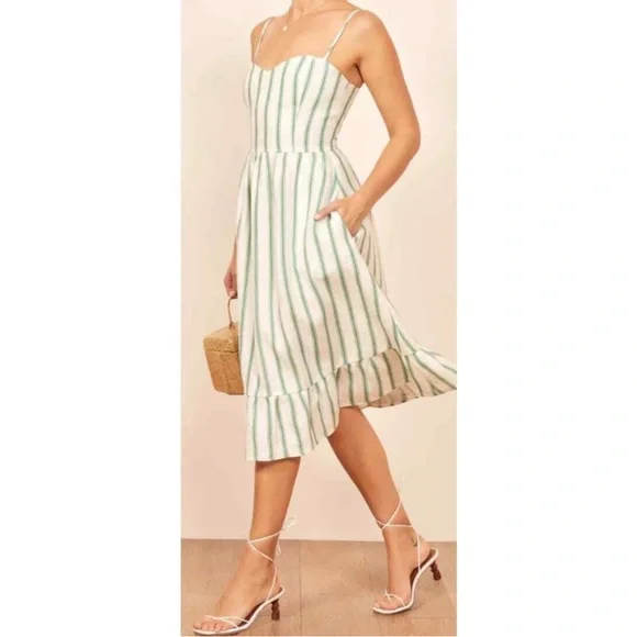 Reformation Eileen Striped Linen Midi Dress Sz 0 - Picture 2 of 10